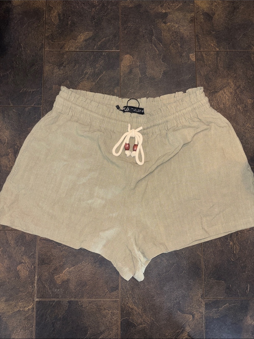 Zara Light Olive High-Waist Drawstring Shorts